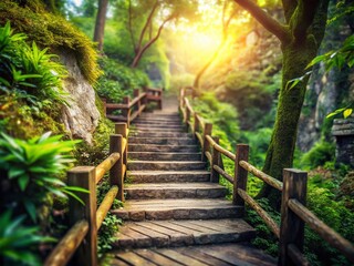Fototapeta premium Wooden Staircase Leading Up an Old Limestone Path in a Tilt-Shift Perspective