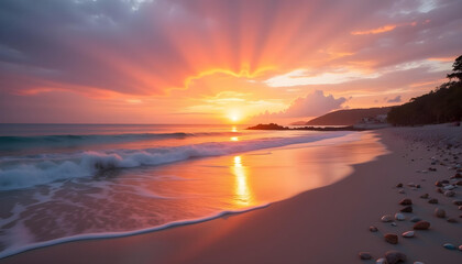 Fototapeta premium Breathtaking Beach Sunset with Waves and a Calm Horizon