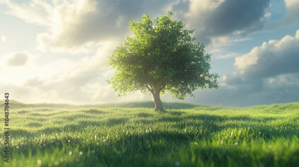 Poster sunlit green tree in an open field, surrounded by lush grass, capturing the calm essence of nature.