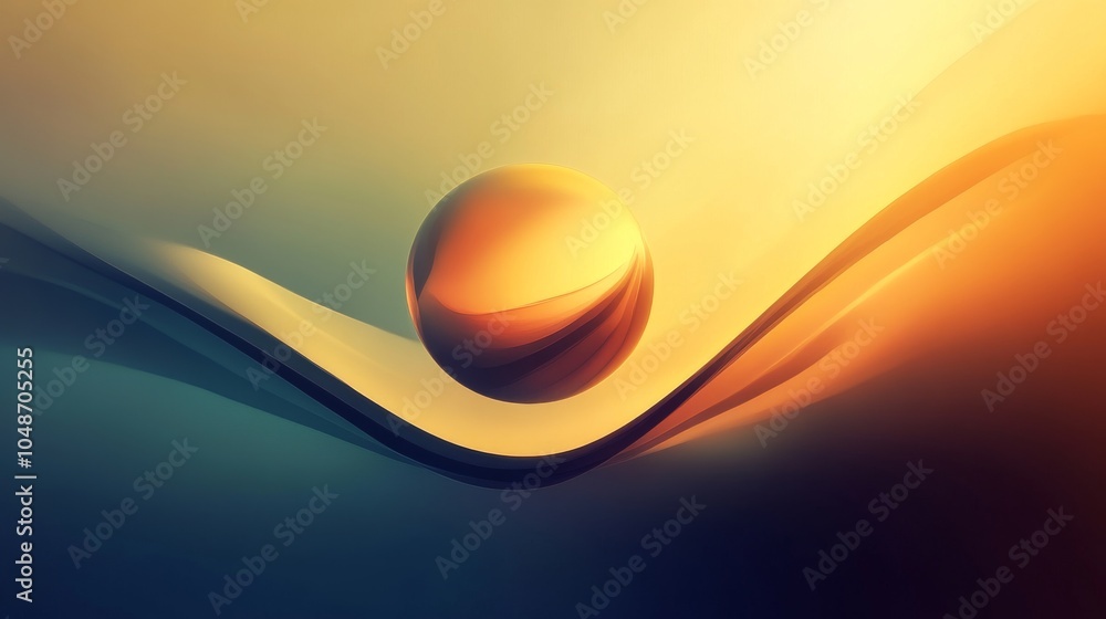 Poster abstract golden sphere on a wave-like surface, with a warm color gradient in the background.