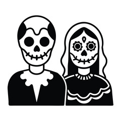 Day of the Dead Couple Illustration in Bold Black and White, Vibrant Halloween Skeleton Couple Vector Design