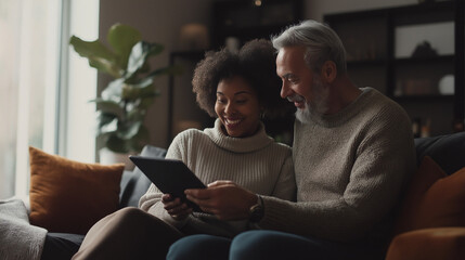 Obraz premium Couple Exploring Property Listings with Real Estate Agent on Tablet in Cozy Office Setting