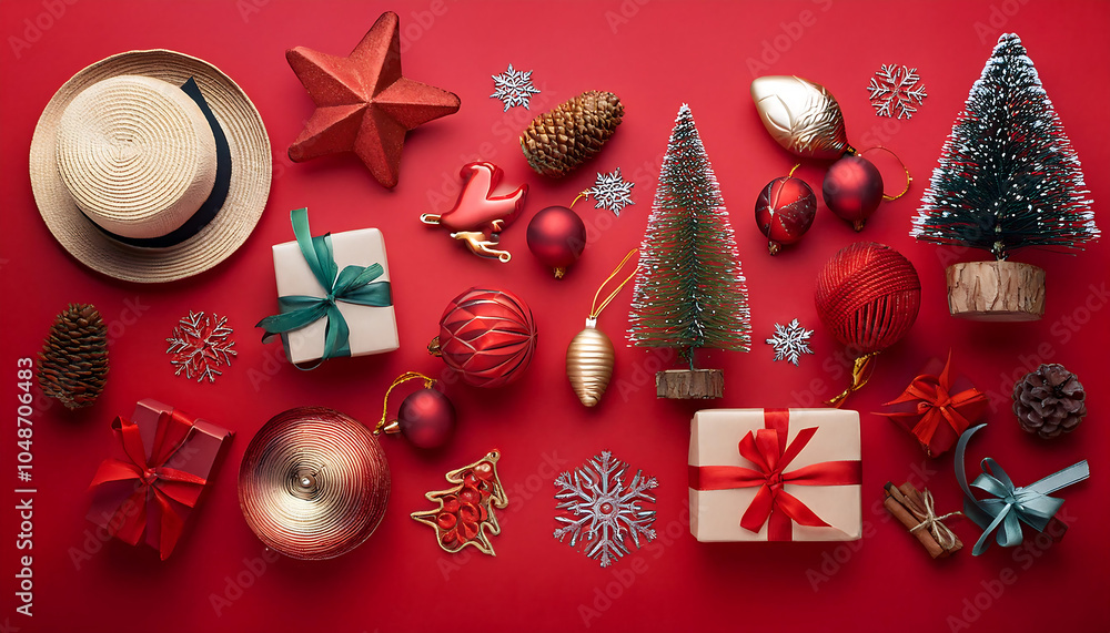 Aufkleber A festive flat lay on a red background featuring Christmas and New Year items. _1(15)