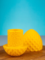 Close up of complex maze for storing gift on blue background