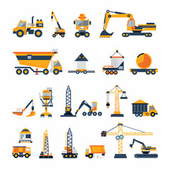 Set of 20 flat style construction and industrial machinery icons.