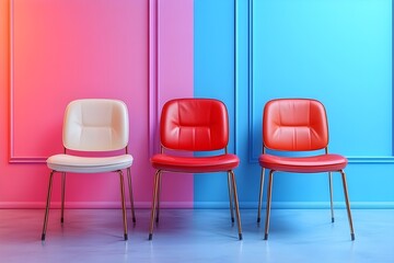 Obraz premium Chairs arranged in a straight line against a soft, futuristic-colored background, blending pastel shades of pink, blue, and lavender