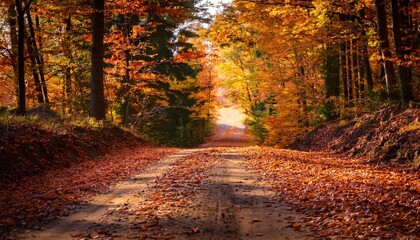 Obraz premium Camino en un bosque otoñal con hojas en el camino
