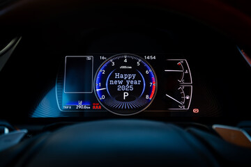 Close up Instrument automobile panel with Odometer, speedometer, tachometer, fuel level, which says...