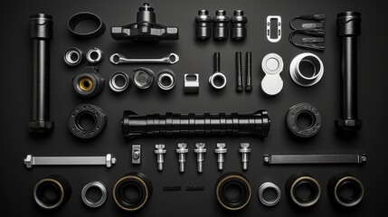 A detailed arrangement of mechanical parts and tools on a dark surface for assembly or repair