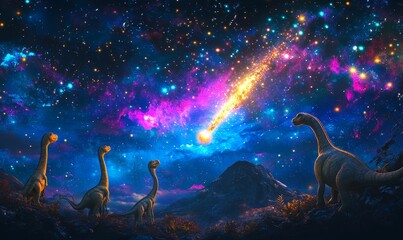 Dinosaurs gazing at a fiery comet in a starry sky.