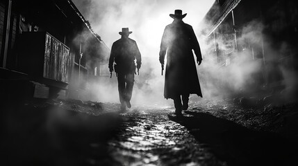Obraz premium Tense standoff between two gunslingers in a dusty Old West town, silhouettes in dramatic black-and-white with smoky ambiance