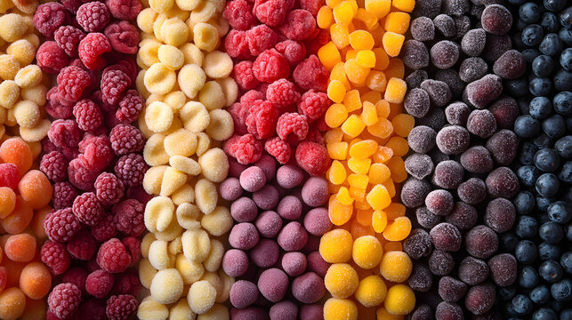 A Vibrant Top View Background Showcasing an Expansive Range of Frozen Foods for Health-Conscious Consumers