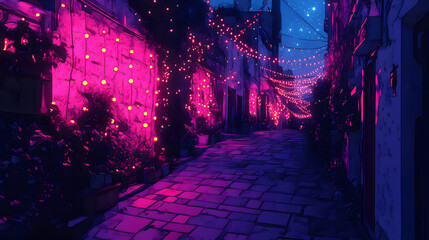 Serene Indian Gond Art Scene Depicting a Quiet Urban Alleyway Adorned with Christmas Lights, Fusing Joy and Creativity in a Holiday Atmosphere