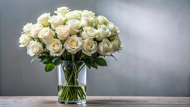 Large arrangements of long stemmed white roses in a glass vase, flower arrangement, roses white flowers