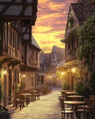 Fototapeta premium A charming German street with half-timbered buildings, wooden tables and chairs under lanterns, a colorful sky in the background, capturing an old-world charm. 