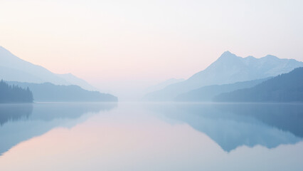 Serene lake view with misty mountains at sunrise.