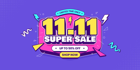 11 11 super sale promo banner with discount offer. 11 11 shopping festival super sale banner. Flash sale special offer banner for social media post or website banner. Flash sale campaign