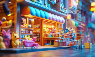Toy shop with colorful toys and shelves.