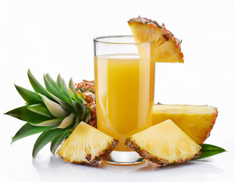 A glass of pineapple juice isolated on a white background. with sliced pineapple around it.