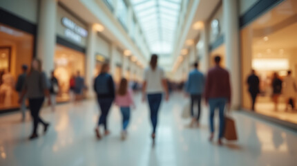 Inside a shopping mall with stores on both sides and a glass ceiling