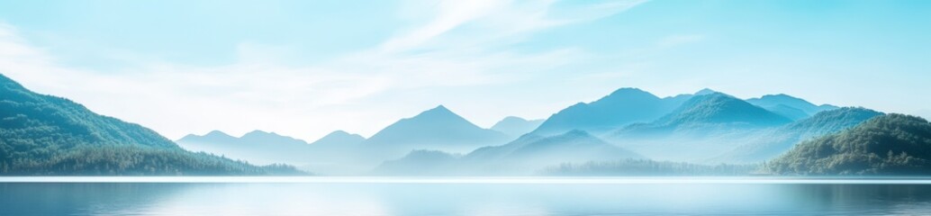 Obraz premium Serene mountain lake landscape with misty peaks