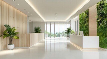 Fototapeta premium Modern clinic with ecofriendly design, incorporating natural light and greenery