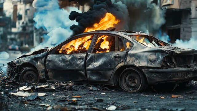 A Burnt Out Car Amidst a WarTorn Cityscape A Scene of Utter Destruction and Crisis Unfolds Around It