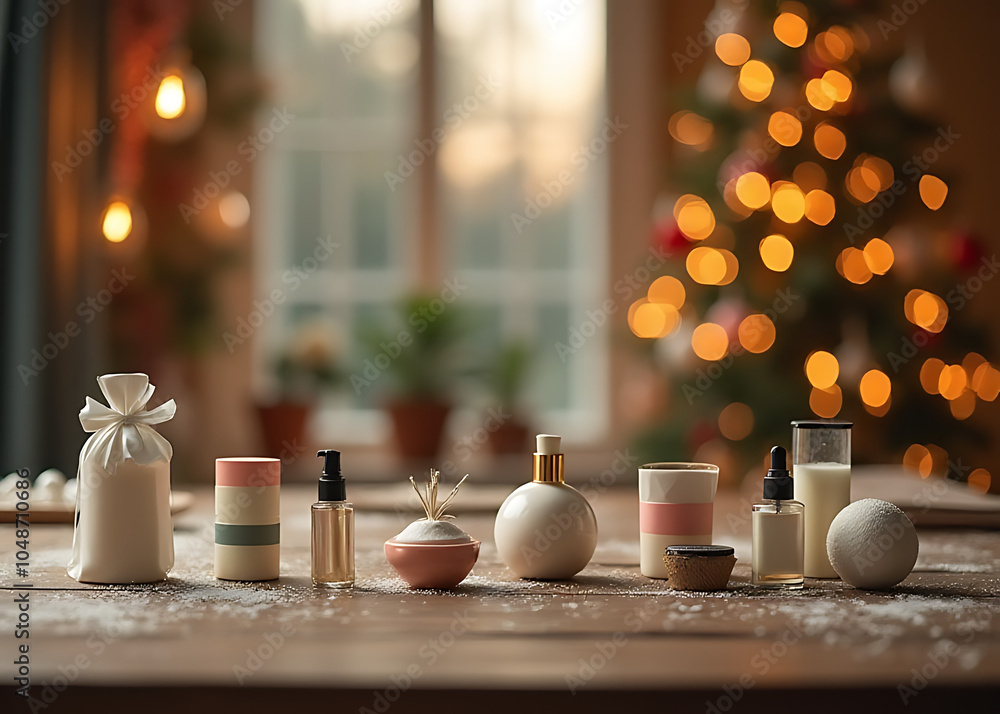 Poster A blurred Christmas scene serves as a simple backdrop for showcasing various products in a montage setup on an empty wooden table.