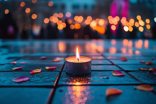 Close-up of a candle flame burning during a vigil on Transgender Day of Remembrance, memorial plaque softly blurred in the background, somber lighting