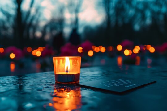 Close-up of a candle flame burning during a vigil on Transgender Day of Remembrance, memorial plaque softly blurred in the background, somber lighting - Powered by Adobe