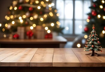 Wooden table in front of a Christmas tree with blurred lights in the background.