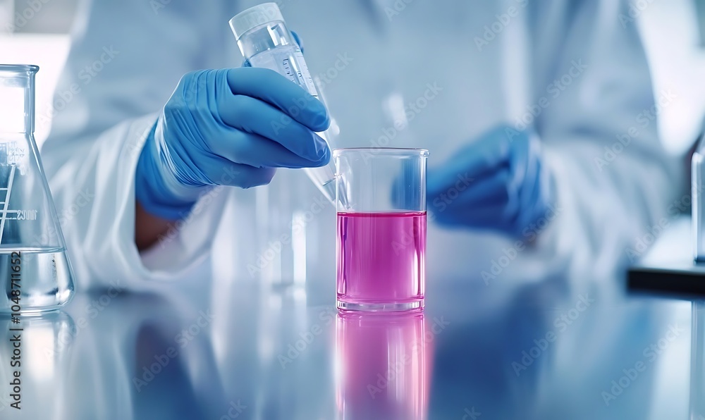 Poster a scientist in a lab coats adds a solution to a pink liquid in a glass container.