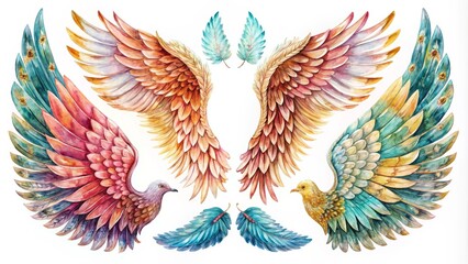 Obraz premium Colorful Angel Wings and Birds Doodle Art