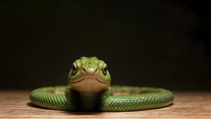 Green snake staring intently under warm suspended lights on wooden surface