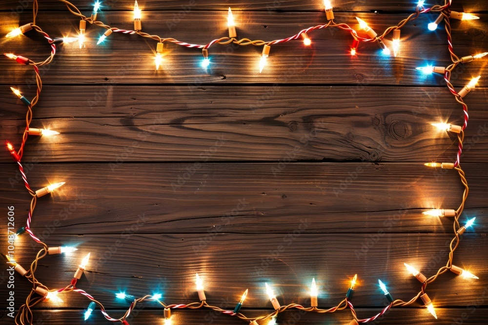Poster rustic wooden background adorned with warm glowing string lights creating a cozy and inviting atmosp