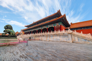 The Forbidden City in Beijing, China, with its iconic red walls and yellow roofs.