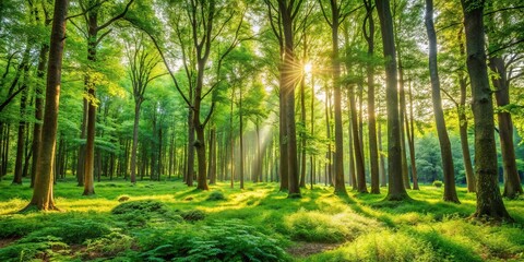 Obraz premium Natural forest landscape with tall trees, lush greenery, and a serene atmosphere, woodlands, nature wallpaper, foliage