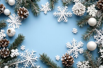Festive Christmas decorations including ornaments and snowflakes on a vibrant blue background.