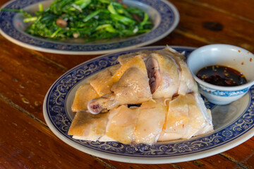 Chinese style steamed chicken on plate