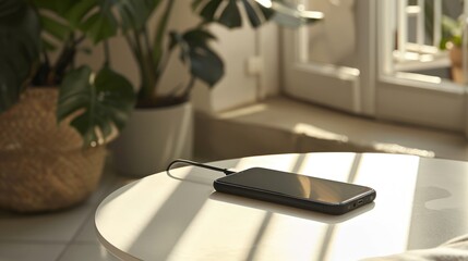 A Black Smartphone on a White Tabletop in Sunlight