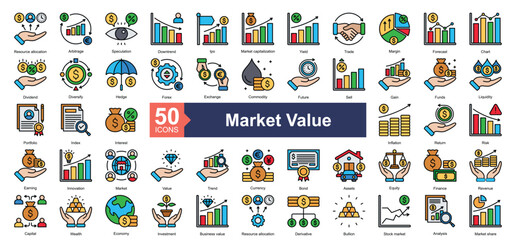 Market Value icon collection set. Containing Resource allocation, Arbitrage, Speculation, Downtrend, Ipo, Market capitalization, Yield, Trade, Margin icon. Simple color lineal illustration.