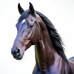 a close up of beautiful black horse isolated on white background