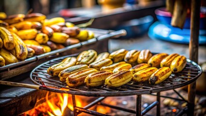 Fototapeta premium Grilled Banana on Stove in Authentic Thai Street Food