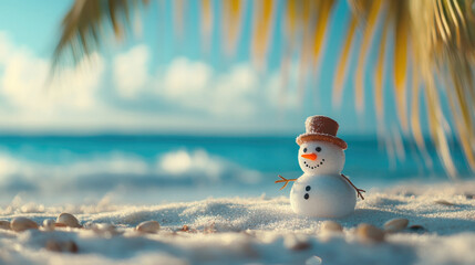 A delightful miniature snowman with a carrot nose stands under a tropical palm, creatively blending winter charm with a warm beach atmosphere for whimsical wonder.