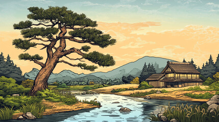 traditional japanese woodblock print of lonely pine tree and wooden house along the river