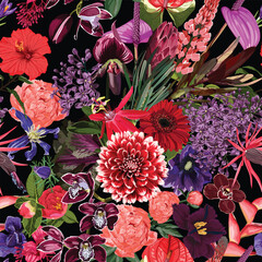 Seamless floral pattern with violet red glossy protea and tropical flowers, leaves on a black background. 