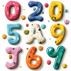 Colorful 3D cartoon font numbers 0, 2, 5, 9, 6, 7, A, and 3 on white background.