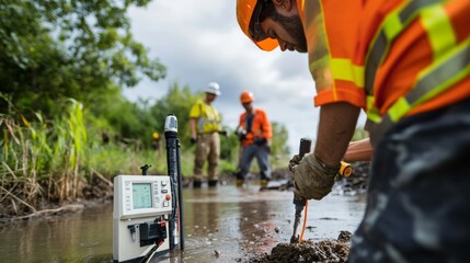 Workers in safety gear conduct field measurements near water, using specialized equipment for data collection in a natural setting.