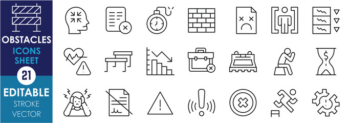 A set of line icons related to Obstacles. Barrier, financial, health, rejection, warning, financial loss, jobless, fear, hopeless, and so on. Vector editable stroke.