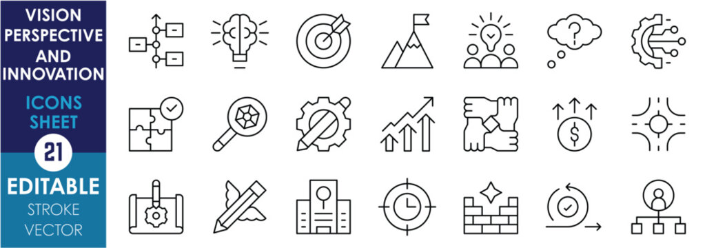 A set of line icons related to vision, perspective and innovation. Way, target, goal, technology, strategy, way, solution creative, leadership, focus, research, planning, agility, and so on.